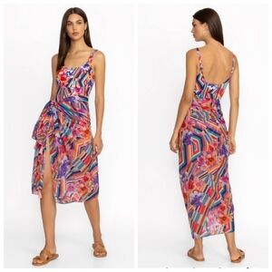 New Johnny Was Summer Stripes Floral Print Sarong Pareo Swim Beach Cover-Up
